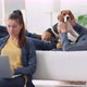 Family Couple with Dog Woman Works on Laptop Man Pets Beagle Spbi - VideoHive Item for Sale
