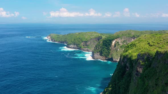 Aerial view at sea and rocks. Kelingking beach, Nusa Penida, Bali, Indonesia