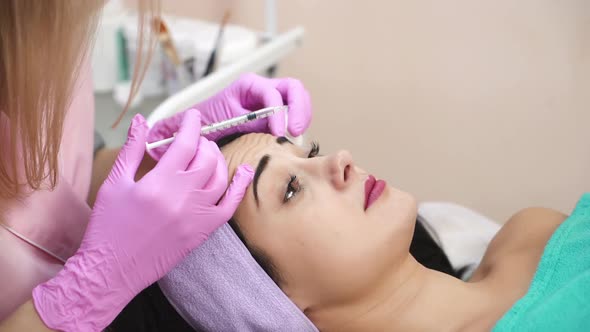 Young beautiful dark-haired woman gets rejuvenating facial injections.