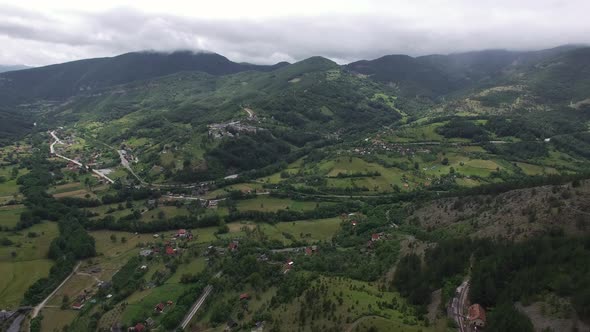 Aerial Scene with Mountain Village in Serbia