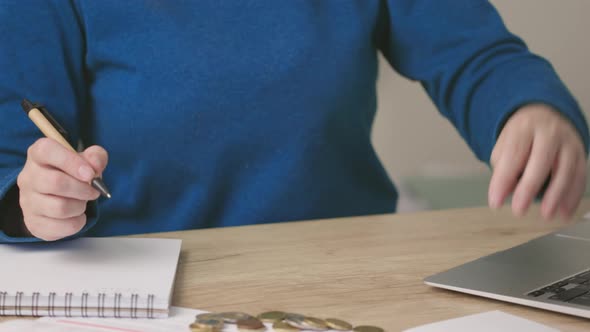 Unrecognizable Female Hands Writing Budget Numbers Notes Home Utility Bills