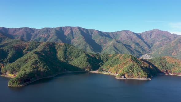 Aerial view 4k video by drone of beautiful Japan autumn at lake Kawaguchiko