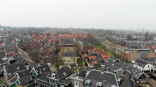 Aerial view of building along the canal in Amsterdam, The Netherlands.