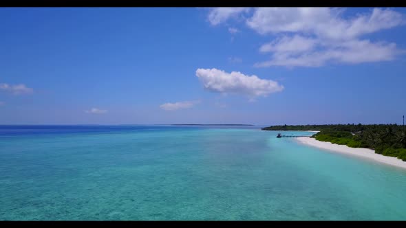 Aerial top down travel of luxury tourist beach trip by blue ocean with white sandy background of adv