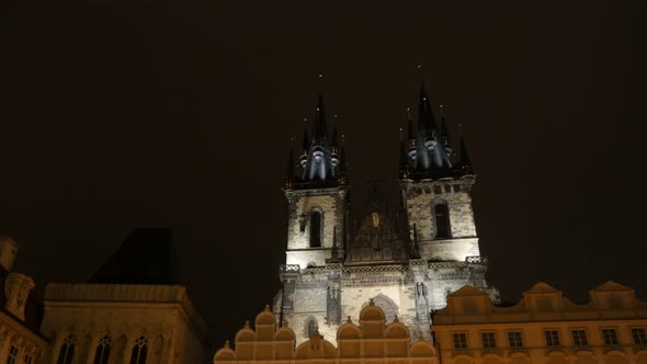 Czech Republic capital Church of Mother of God before Tyn by night 3840X2160 UHD tilting  footage  -