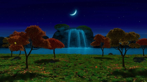 Autumn Trees at Night Waterfall