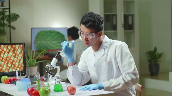 Botanist Man Looking At Petri Dish With Leaf Sample Checking Gmo Test