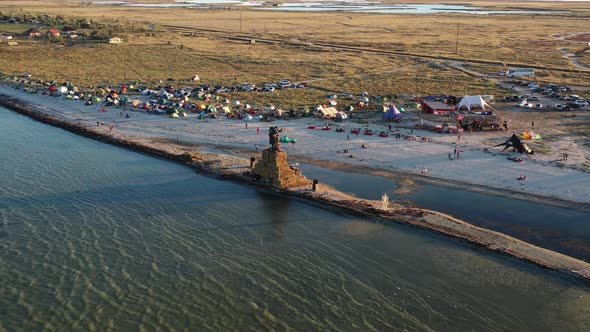 Aerial View Massive Moai Statue Beach Campers Shore