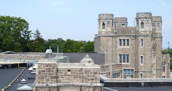 Rising Aerial View from a Gothic Style School Campus Building in New Rochelle