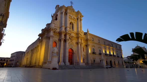 Syracuse Piazza Duomo Square at Dawn. Sicily, Italy. Gimbal Stabilized Tracking Shot