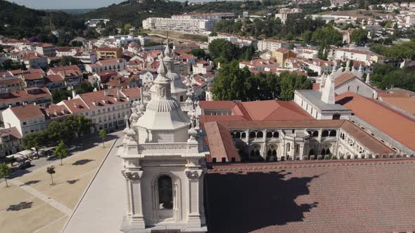 Architectural details of  Baroque style church towers, Monastery of Alcobaça, Portugal, Aerial view