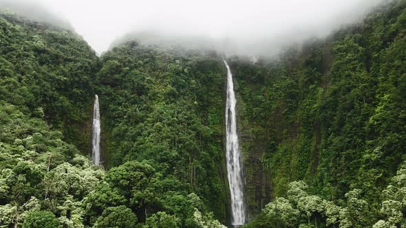 High angle drone view of Waimoku waterfall and jungle, Maui, Hawaii, USA