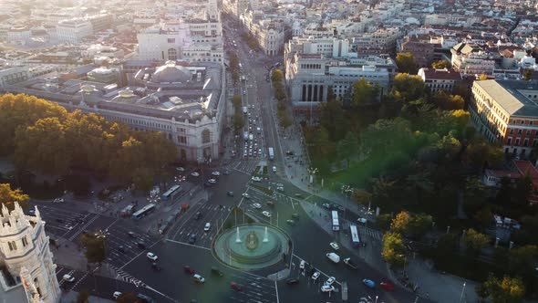 Drone Flight Over the Cibeles Fountain with a Distant View of Madrid