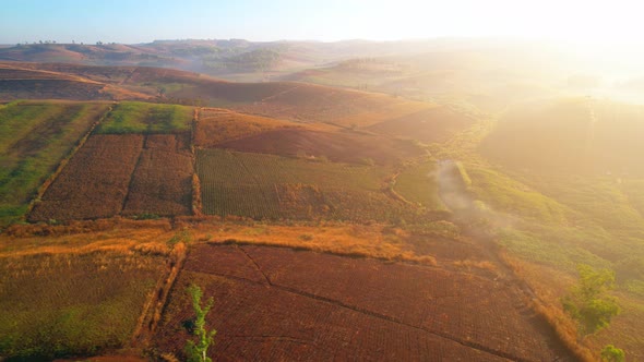 4K : Aerial view from a drone over a rural field at sunrise in Thailand.