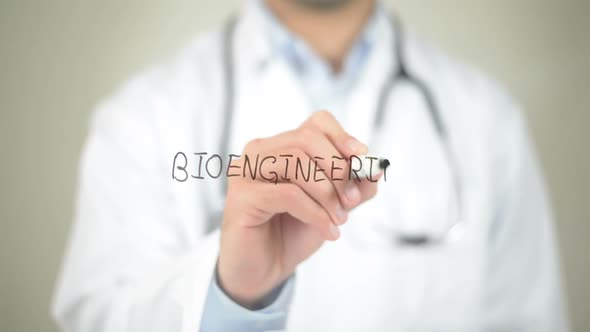 Bio-engineering, Doctor Writing on Transparent Screen