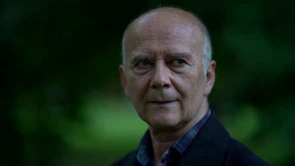 Portrait of Serious Old Man at Nature, Closeup, at Summer or Spring Day, Bald Person