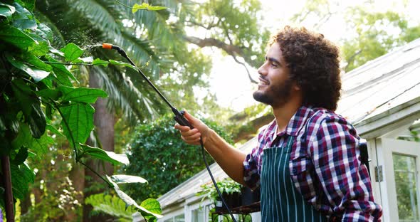 Man watering plant with garden sprayer