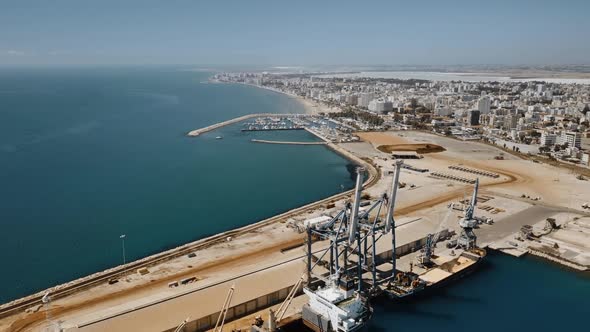 Dock Cranes Barges Moored in Bay at City Port or Harbor Transport Good Products