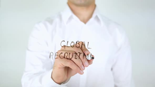 Global Recruitment Businessman Writing on Glass