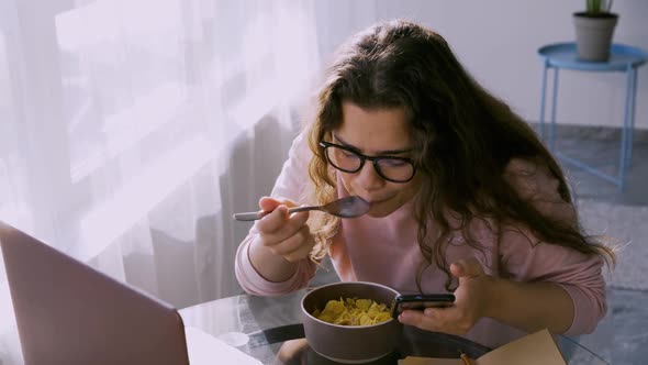 Lady Have Breakfast at Glass Round Table