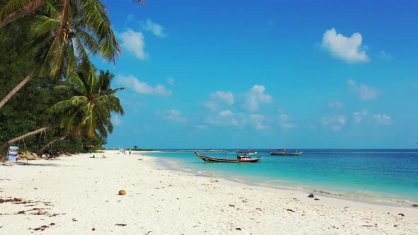 Aerial drone travel of paradise shore beach time by transparent ocean with white sand background of 