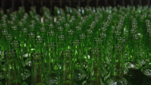 Close-up of the necks of green beer bottles on the production line