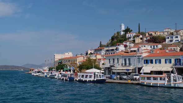 View From the Sea to the Poros Marina Sea Port Greece