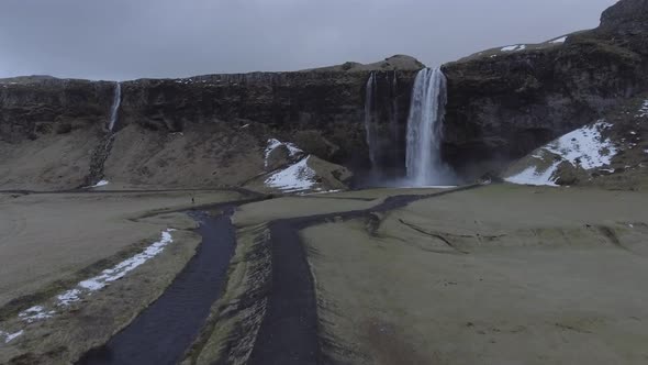 Seljalandsfoss waterfall in Iceland aerial panoramic view at sunrise