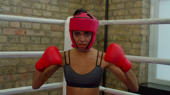 Portrait of Determined Athletic African American Female Boxer Ready for Fight