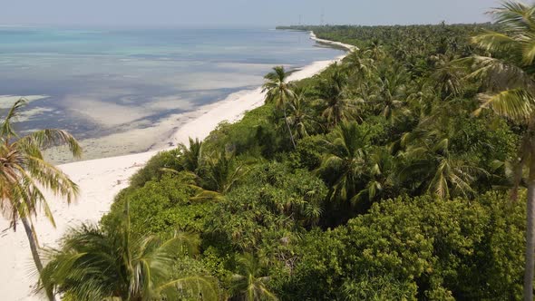 Drone flight over the Maldivian island on one side blue water on the other side green trees and town