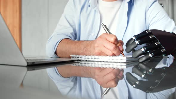 Company manager man with bio hand prothesis makes notes in paper notebook