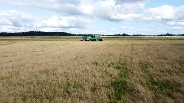 Aerial view of a green vintage combine harvester mows wheat in the field for the food industry, yell