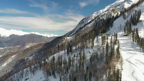 Aerial Mountainous Landscape on Sunny Day, Ski Slopes