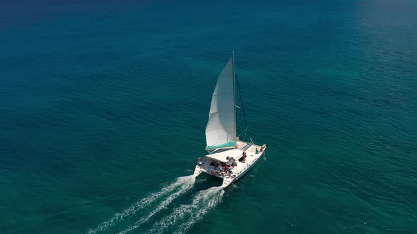 Sailing Catamaran in the Tropical Sea with Open Sails View From the Drone