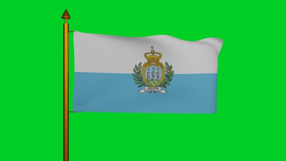 National flag of San Marino waving with flagpole on chroma key, Republic of San Marino flag textile