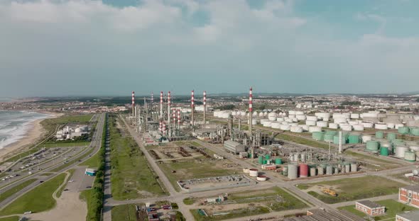 Cinematic view over industrial zone, Galp refinery in Matosinhos. New Innovation center.