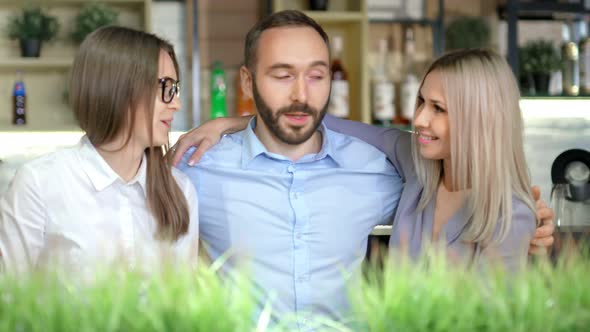 Portrait Happy Young Colleagues Business Friends Smiling and Talking Having Good Time