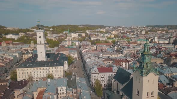 Aerial City Lviv, Ukraine. European City. Popular Areas of the City. Town Hall