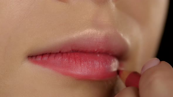 Professional Makeup Artist Uses Lip Pencil. Closeup