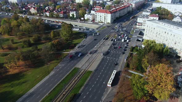 Aerial of the traffic in the Warsaw city centre, Aleja Armii Ludowej Highway crossing, eco-friendly