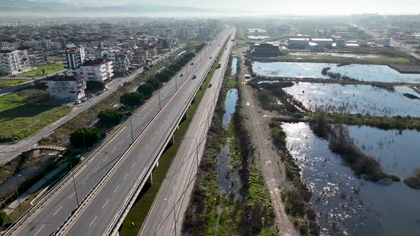 Road traffic on the bridge Aerial View 4 K Turkey Manavgat