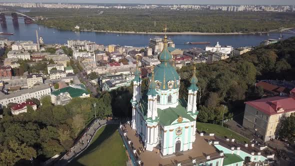 Aerial Top View To St Andrew Church in Kiev