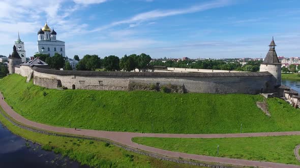 Aerial of Pskov Kremlin and Trinity Cathedral