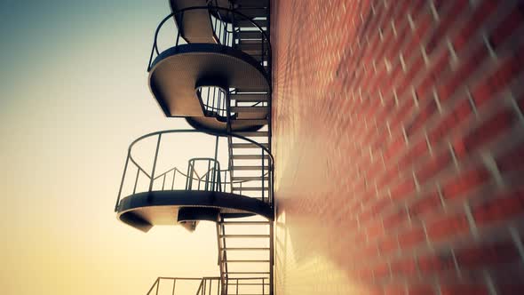 Endless animation of climbing upside the staircase attached to a brick wall.