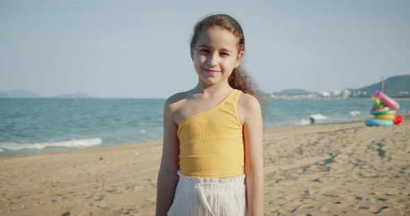 Portrait Funny Happy Little Girl Smiling Child Looking at Camera Cheerful Enjoying Warm Summer