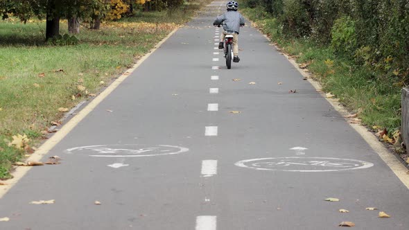 Little boy in a helmet on a bicycle rides on a bike path in the park.