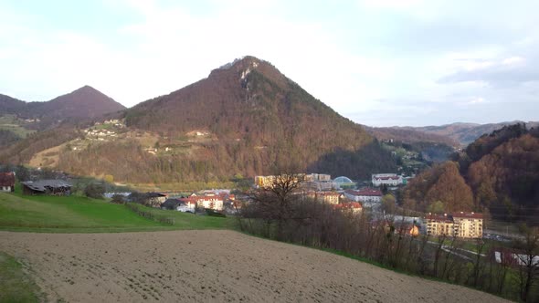 Mountain and Laško Spa Town in Eastern Slovenia, Aerial Establishing