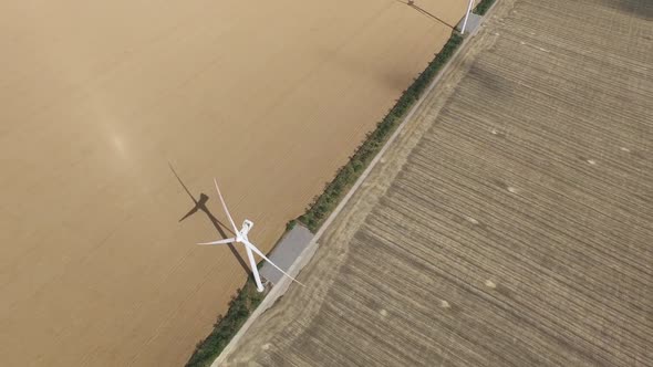 Wind Turbines Generating Lot Energy in Golden Fields. Aerial Survey