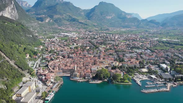 Aerial Shot. Top View of the Beautiful Italian City of Riva Del Garda. Old Low Houses, Narrow