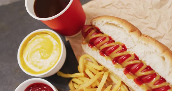 Video of hot dog with mustard, ketchup and chips on a black surface